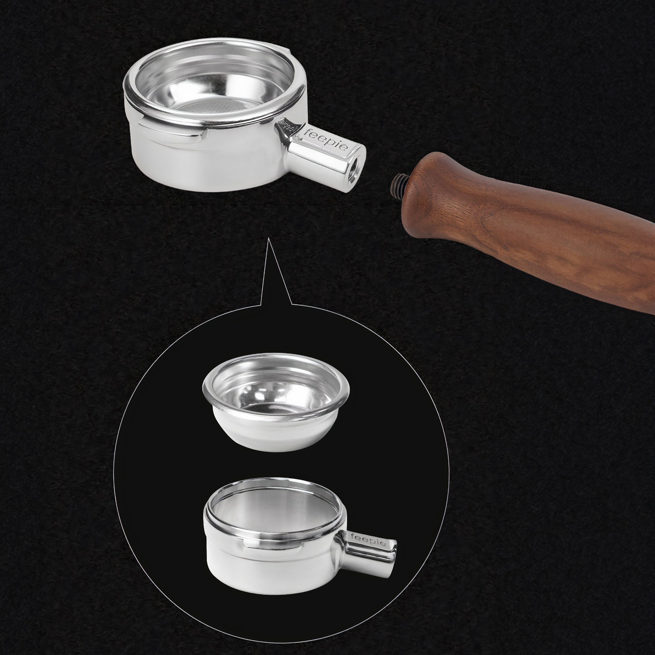 Stainless Steel Bottomless Portafilter with Walnut Handle