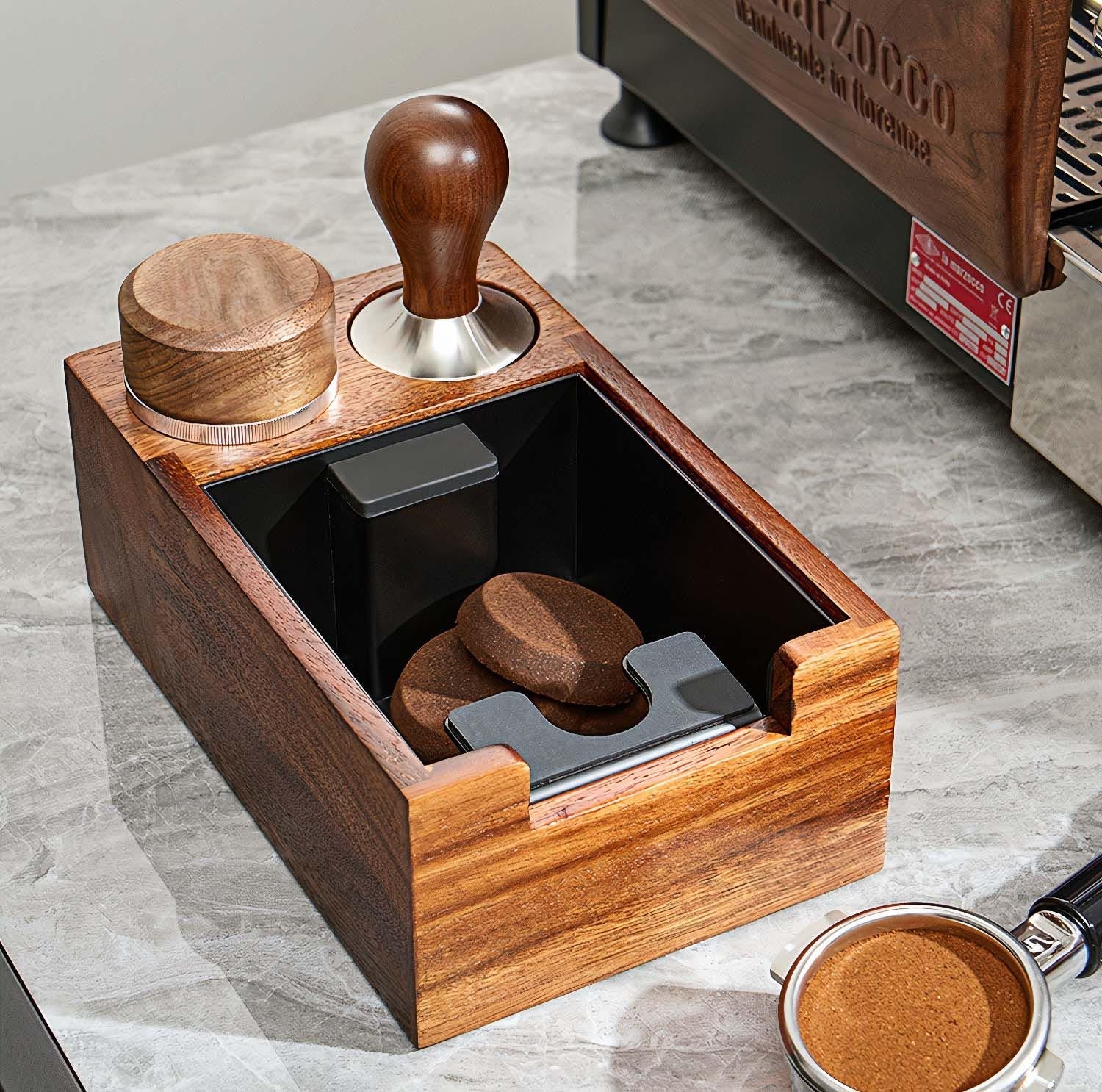 Wooden Coffee Tamper Station with Knock Box