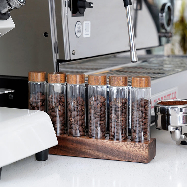 Coffee Bean Storage Tubes With Walnut Wood Base