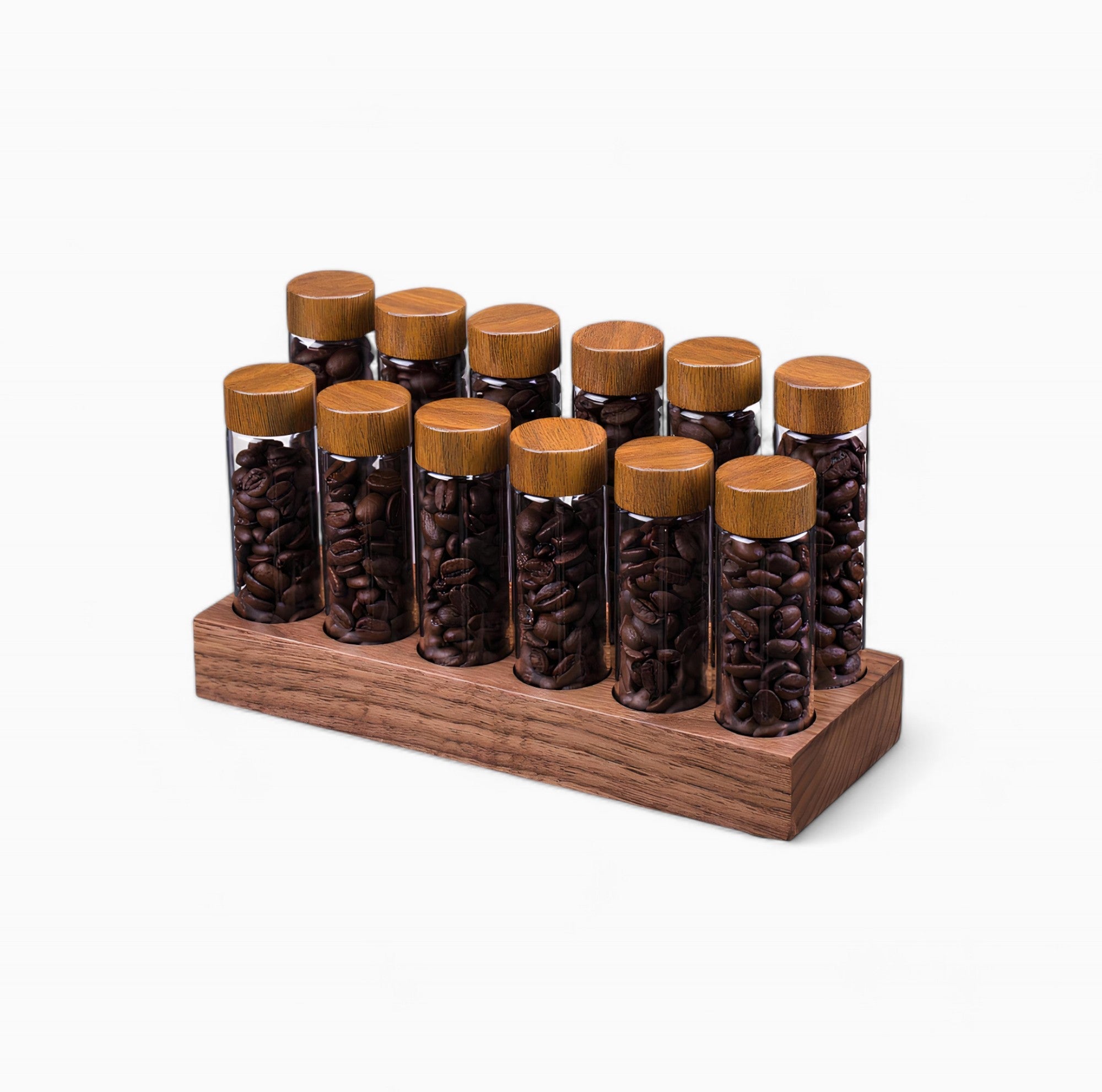 Coffee Bean Storage Tubes With Walnut Wood Base