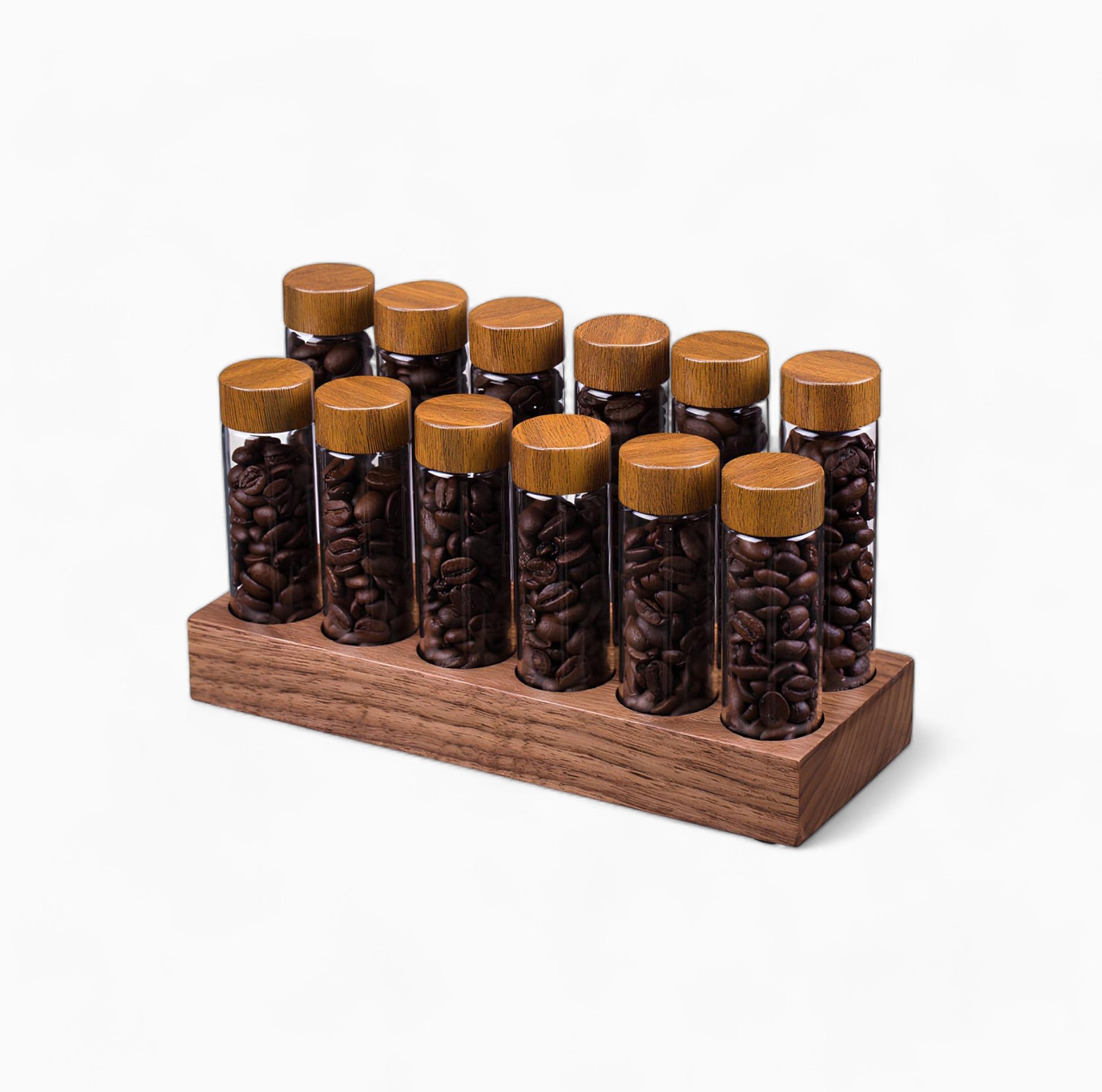 Coffee Bean Storage Tubes With Walnut Wood Base
