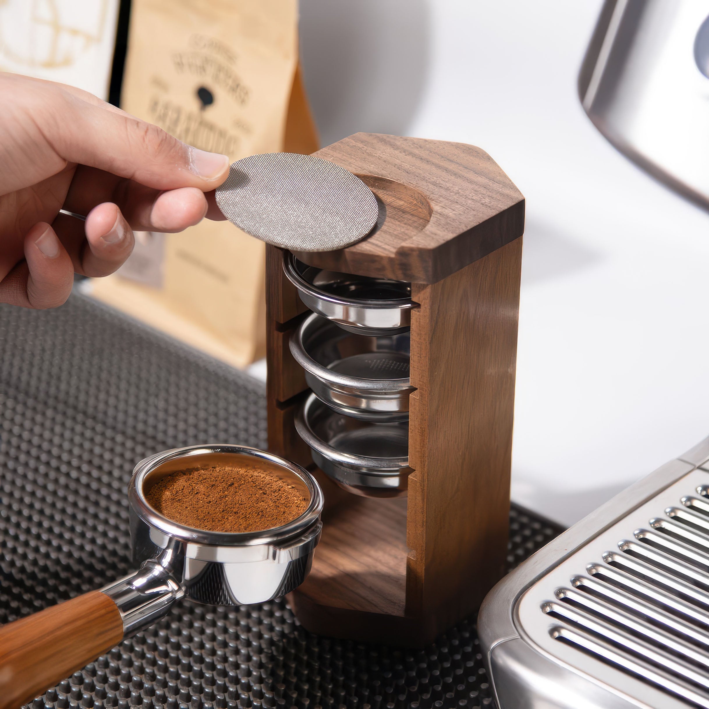 Handcrafted Wooden Portafilter Basket Storage