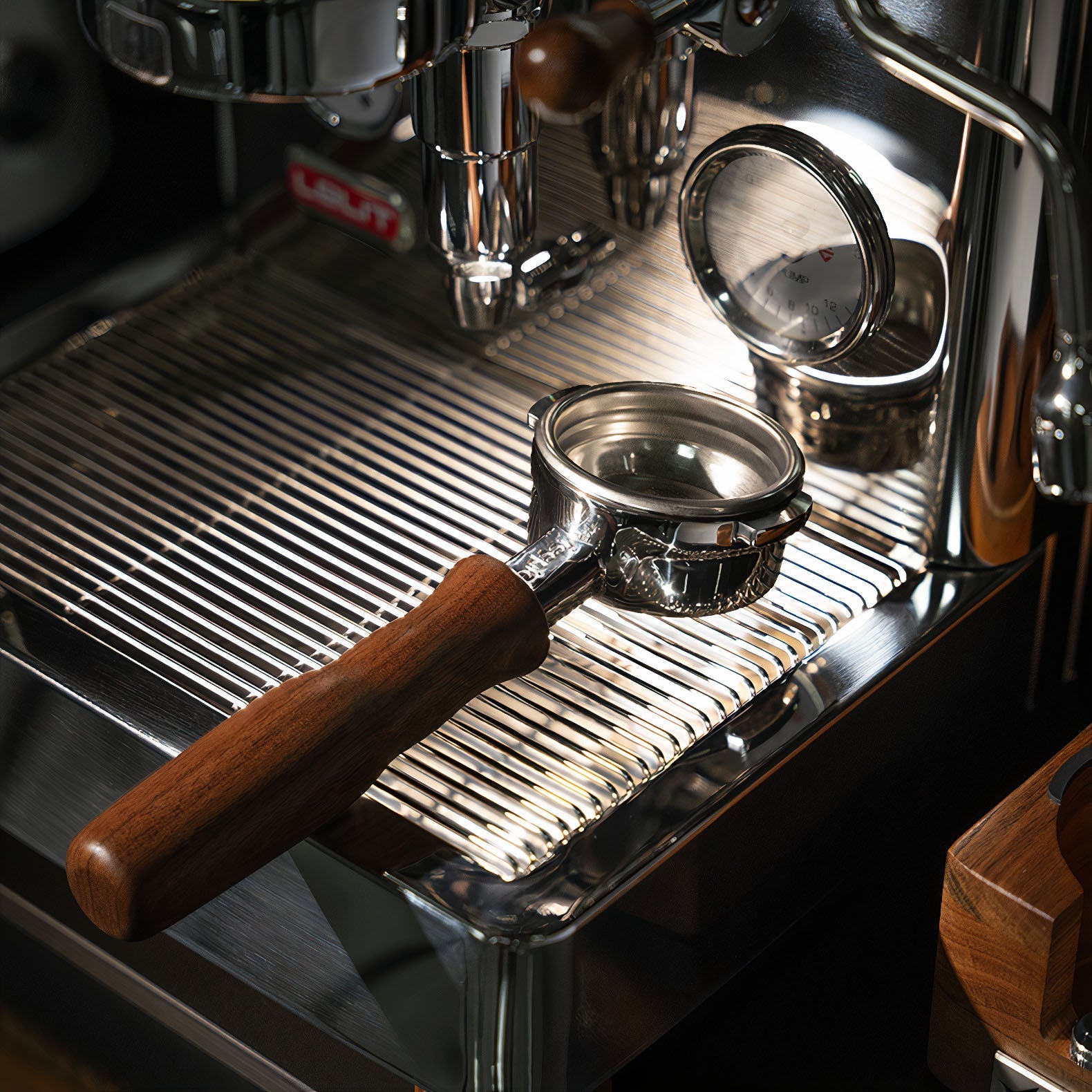 Stainless Steel Bottomless Portafilter with Walnut Handle