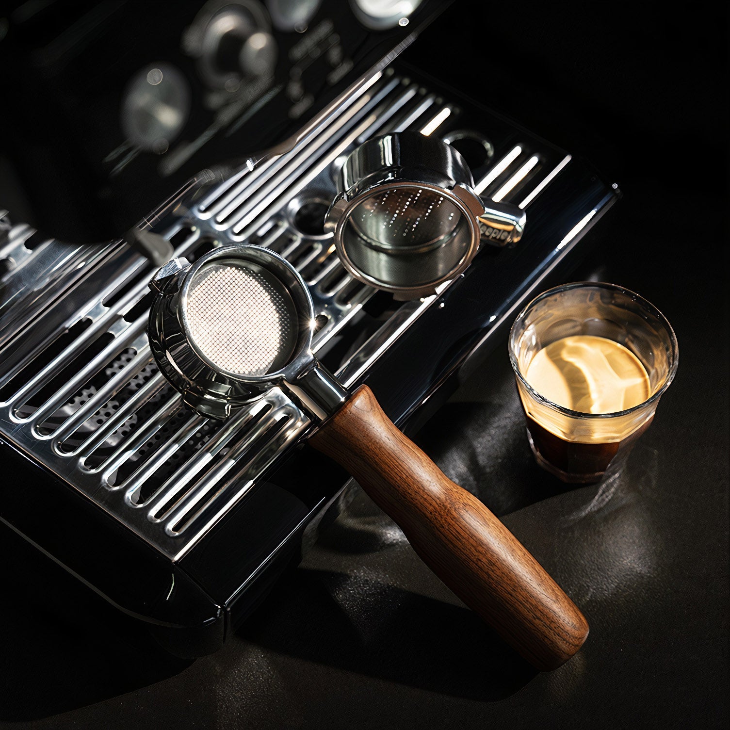 Stainless Steel Bottomless Portafilter with Walnut Handle