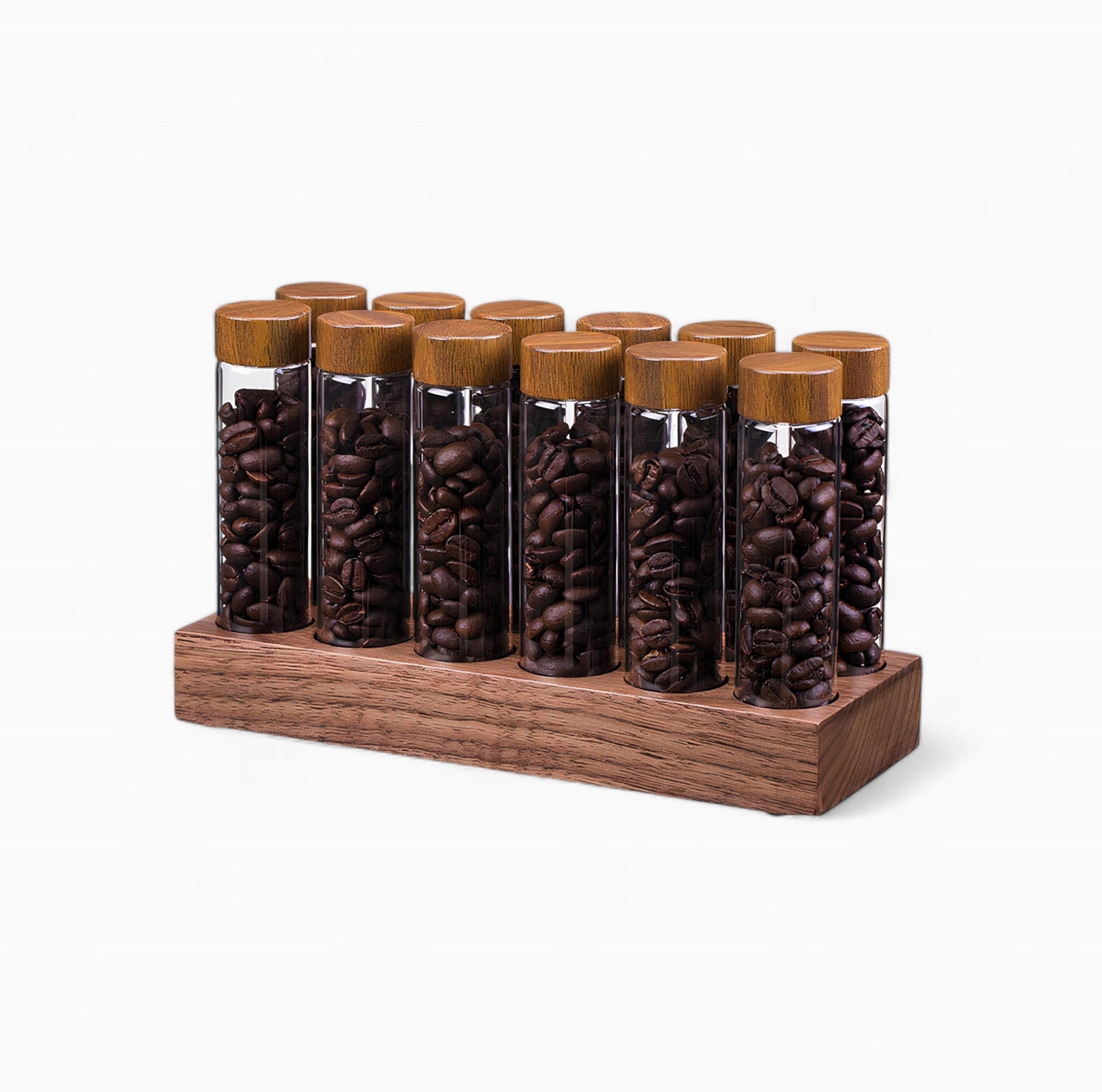 Coffee Bean Storage Tubes With Walnut Wood Base